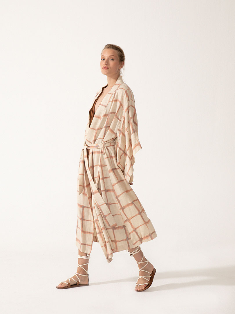 Beli Kuşaklı Midi Kimono - Kiremit