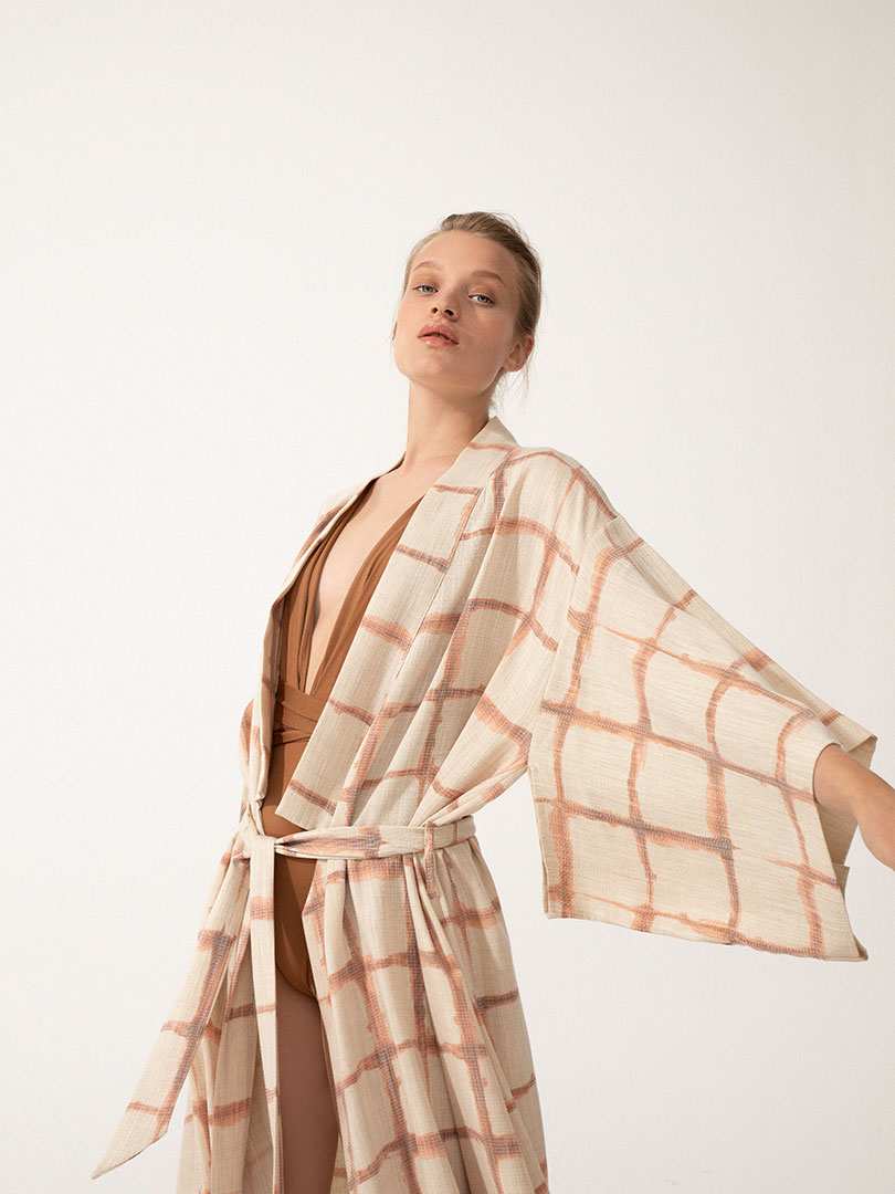 Beli Kuşaklı Midi Kimono - Kiremit