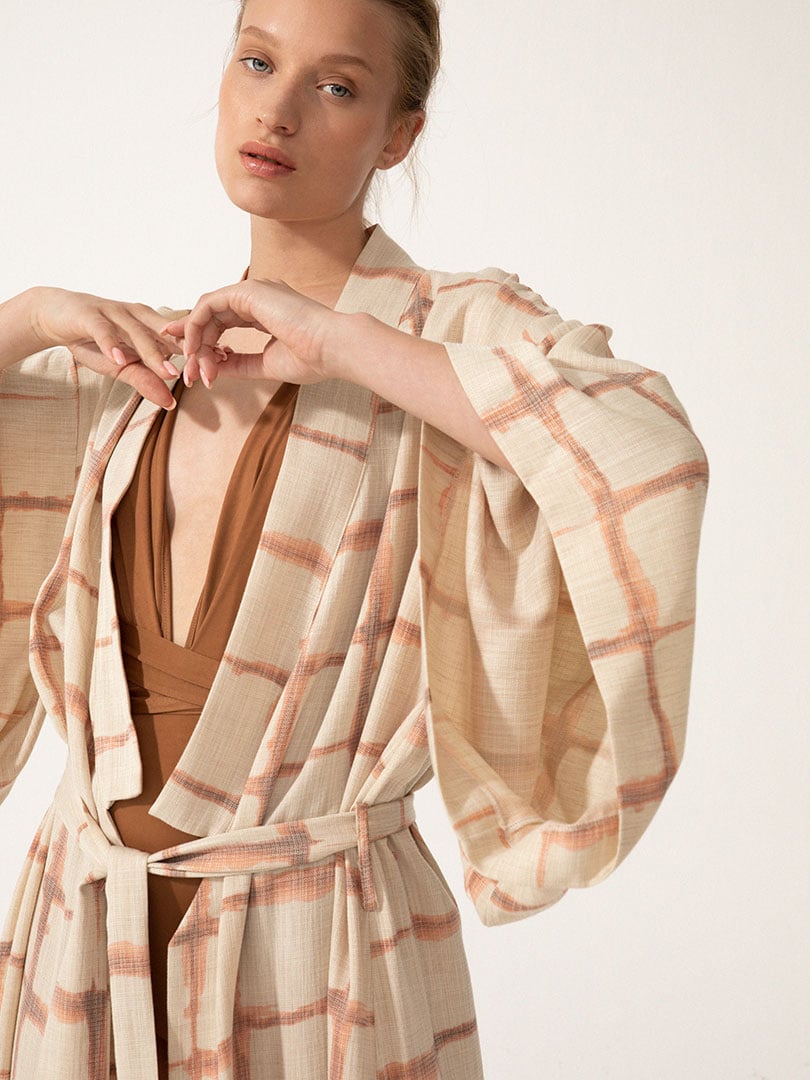 Beli Kuşaklı Midi Kimono - Kiremit