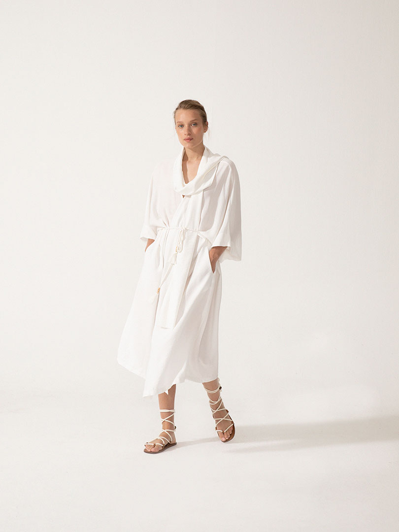 Beli Kuşaklı Şal Yaka Midi Kimono - Ekru