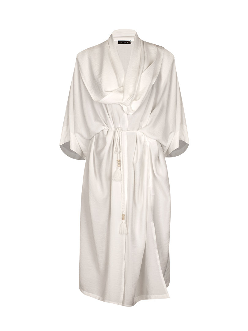 Beli Kuşaklı Şal Yaka Midi Kimono - Ekru