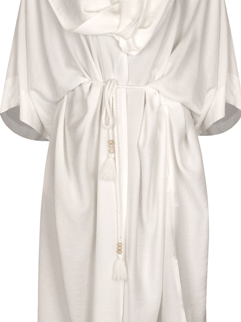 Beli Kuşaklı Şal Yaka Midi Kimono - Ekru