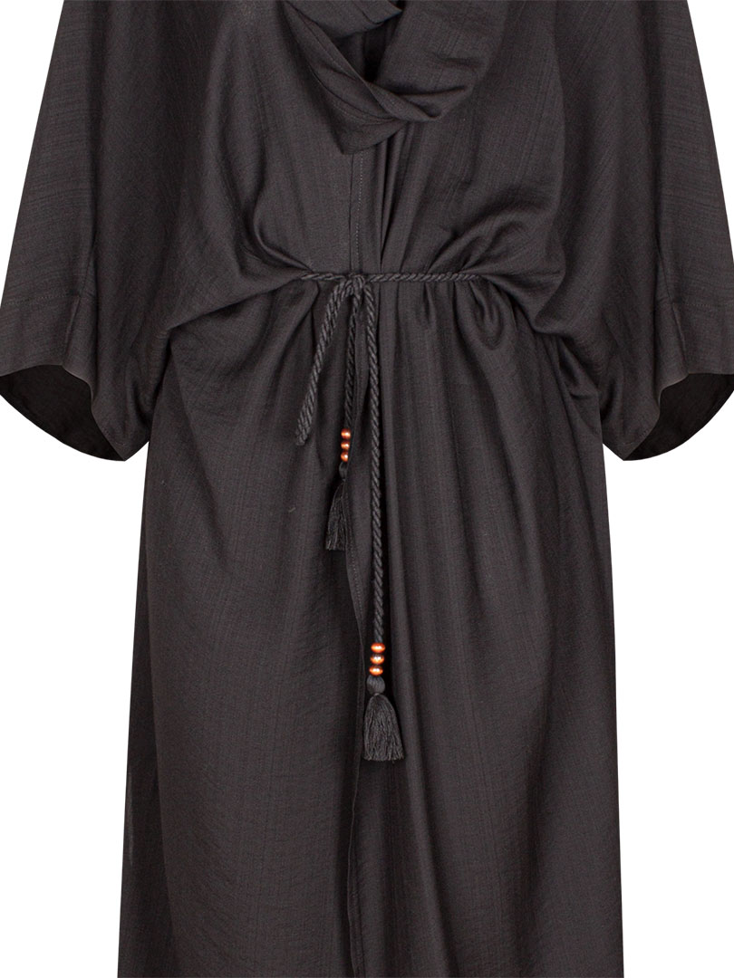 Beli Kuşaklı Şal Yaka Midi Kimono - Siyah