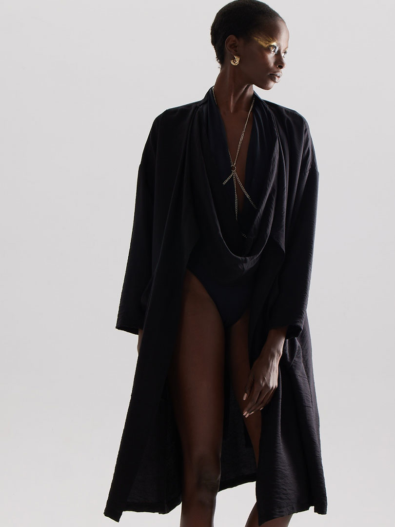 Beli Kuşaklı Şal Yaka Midi Kimono - Siyah