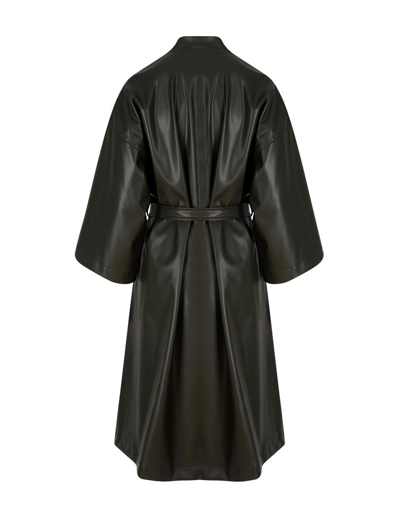 Beli Kuşaklı Uzun Vegan Deri Kimono - Haki