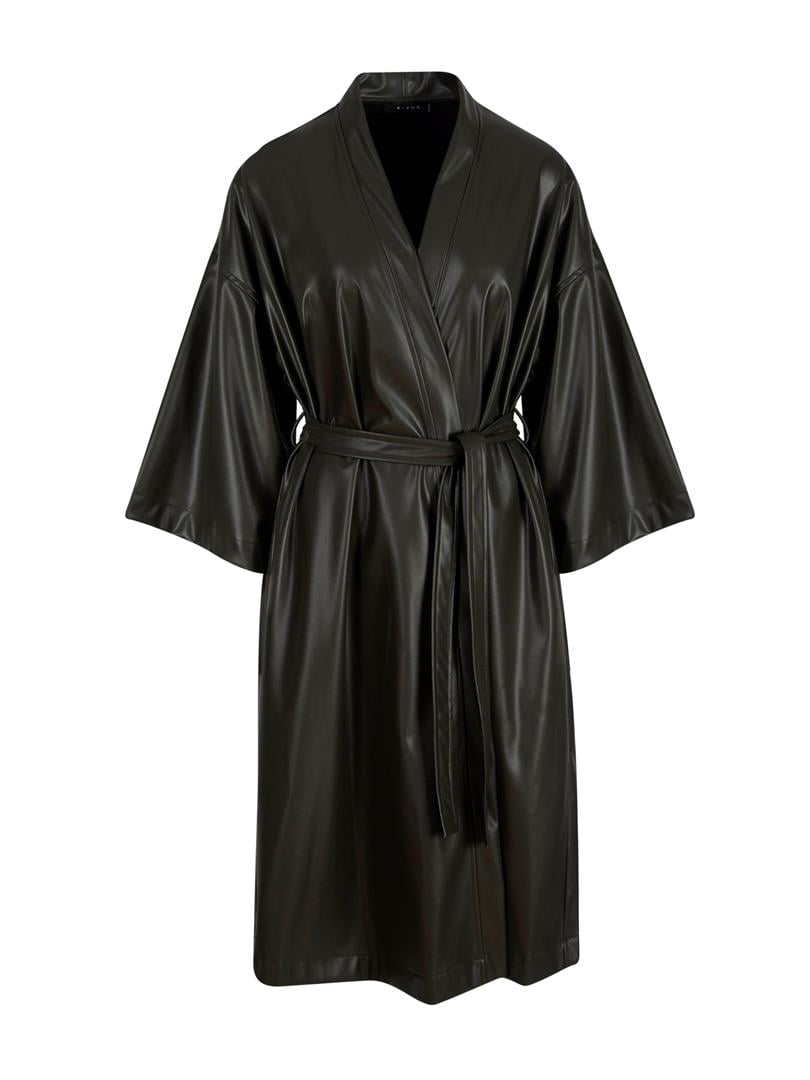 Beli Kuşaklı Uzun Vegan Deri Kimono - Haki