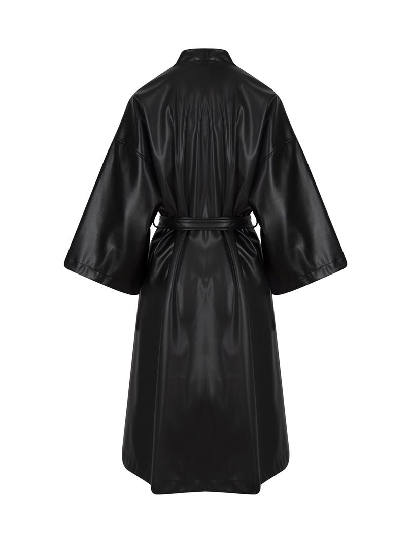 Beli Kuşaklı Uzun Vegan Deri Kimono - Siyah