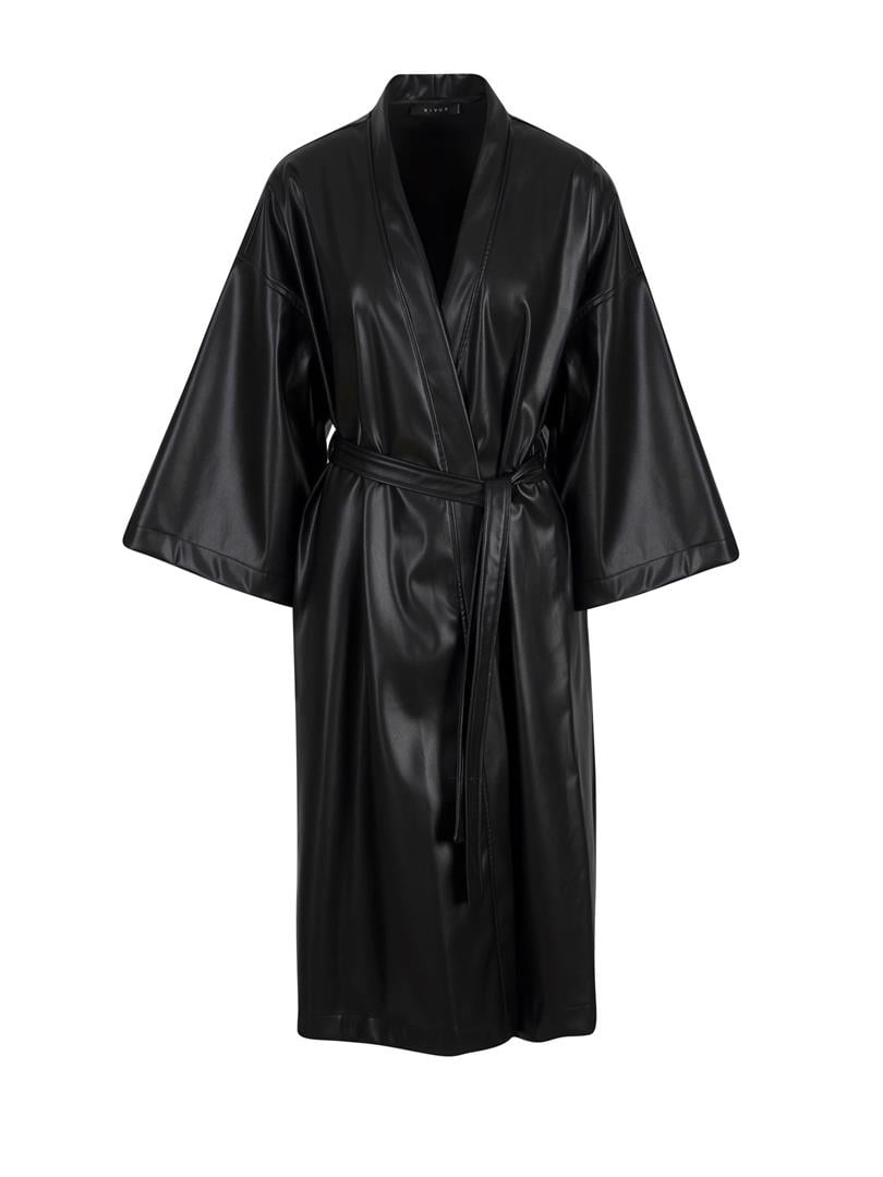 Beli Kuşaklı Uzun Vegan Deri Kimono - Siyah