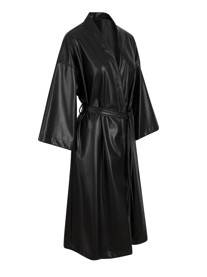 Beli Kuşaklı Uzun Vegan Deri Kimono - Siyah
