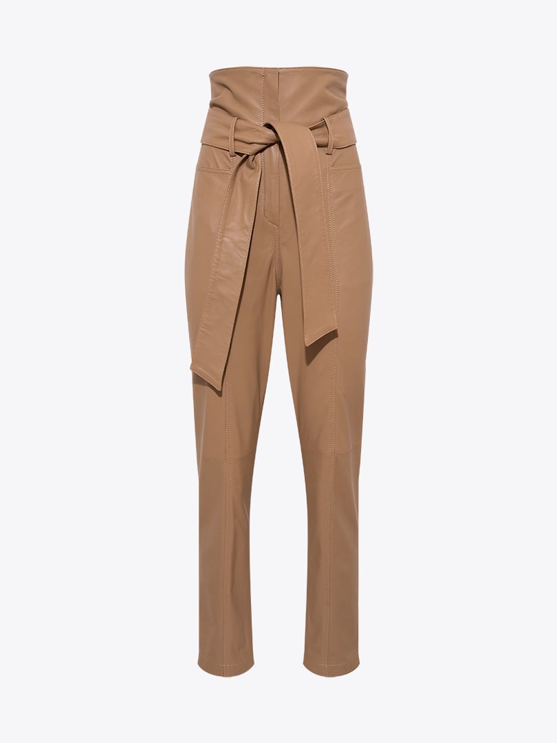 Beli Kuşaklı Yüksek Bel Deri Pantolon - Bal Köpüğü