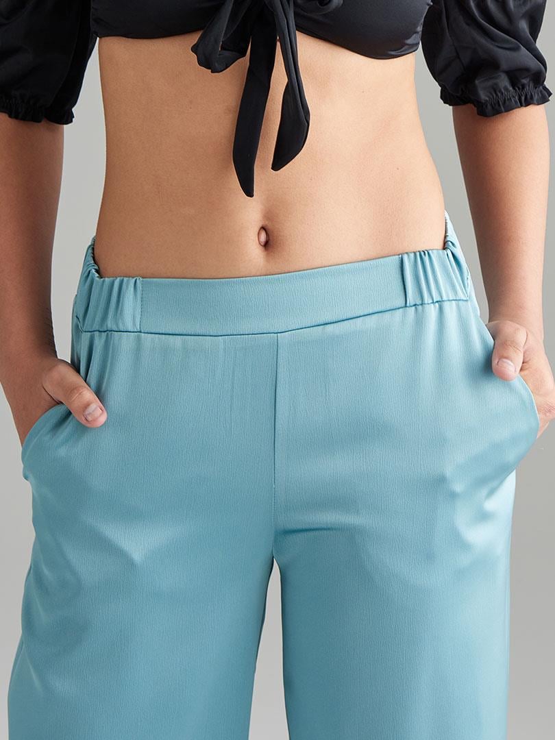 Beli Lastikli Bol Paça Saten Pantolon - Mint