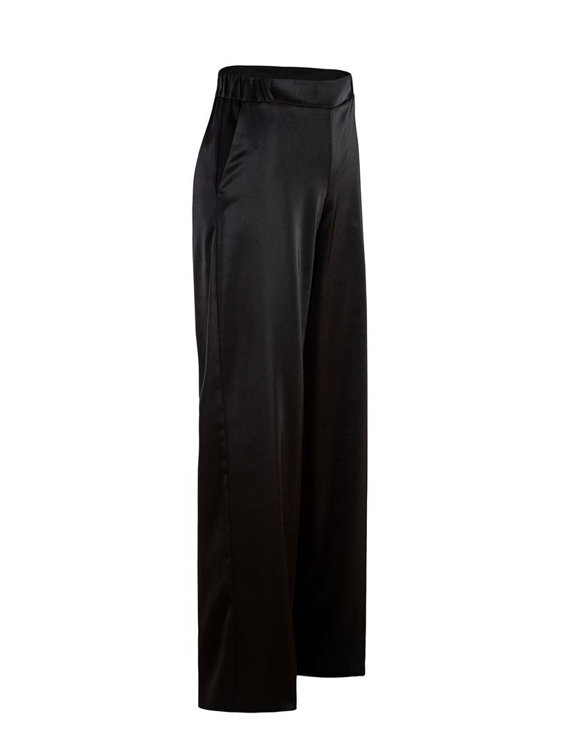 Beli Lastikli Bol Paça Saten Pantolon - Siyah