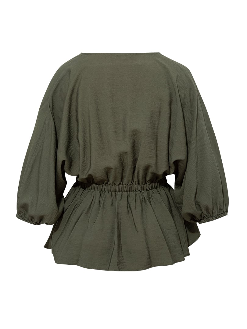 Beli ve Kol Ucu Lastikli Kruvaze Kapama Bluz - Haki