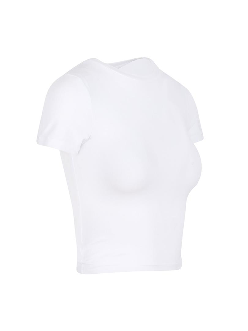 Bisiklet Yaka Basic Crop Tişört - Beyaz