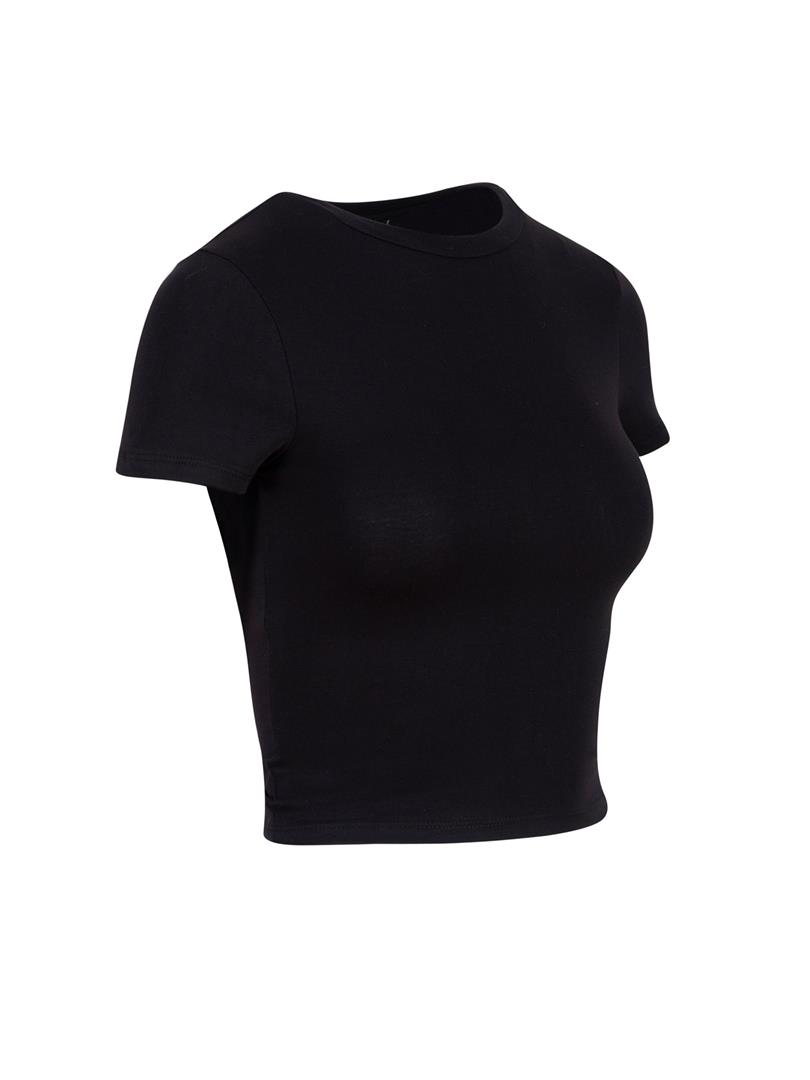 Bisiklet Yaka Basic Crop Tişört - Siyah