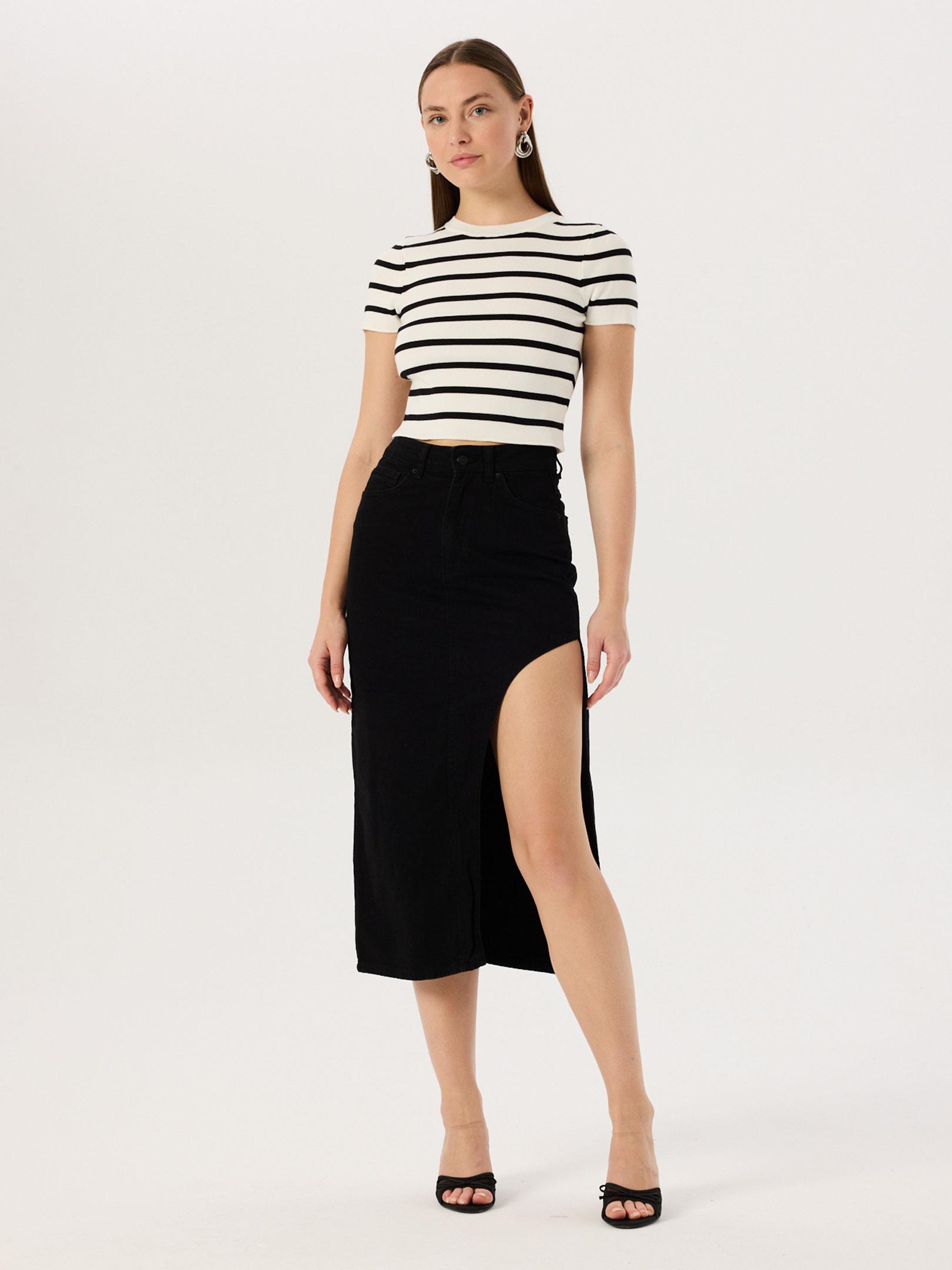 Bisiklet Yaka Triko Crop Bluz - Çizgili Bluz Modelleri