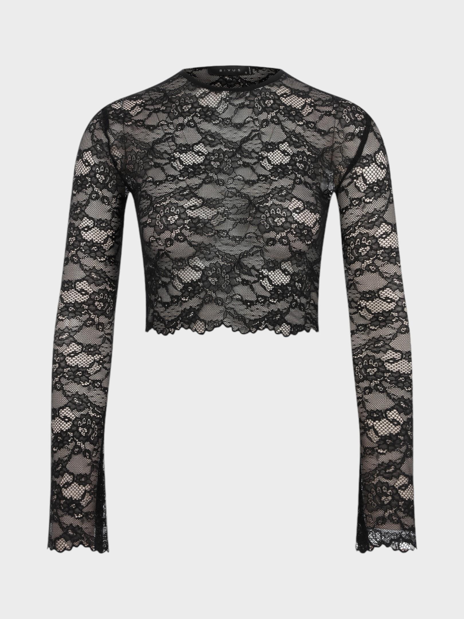 Bisiklet Yakalı Uzun Kollu Dantel Crop Bluz - Siyah Bluz Modelleri