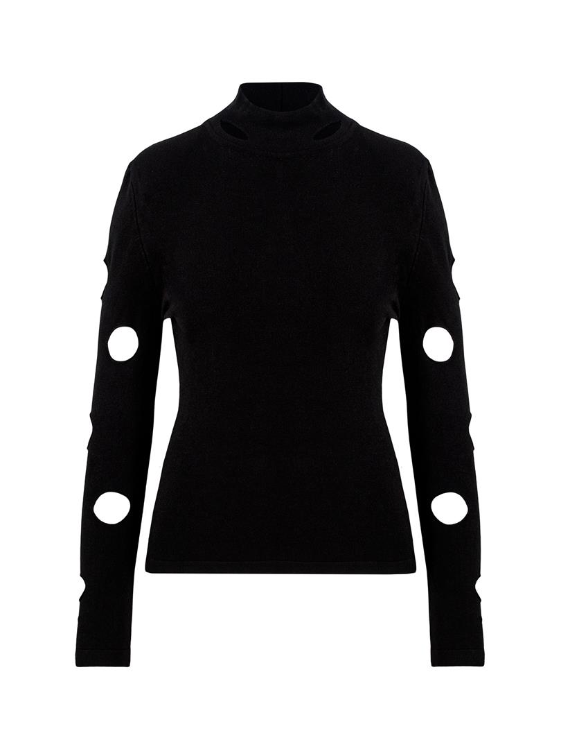 Boğazlı Cut Out Detaylı Triko - Siyah