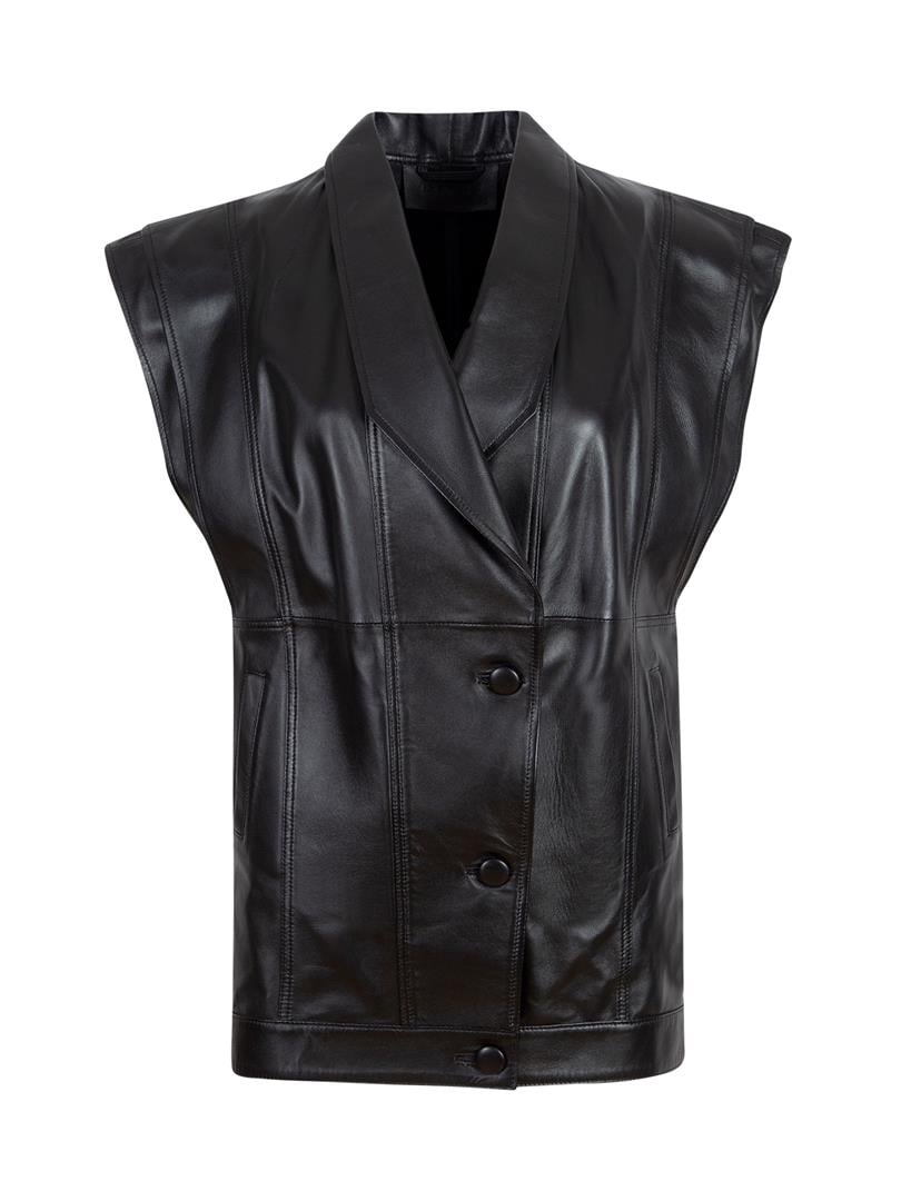 Büyük Düğmeli Deri Yelek - Siyah