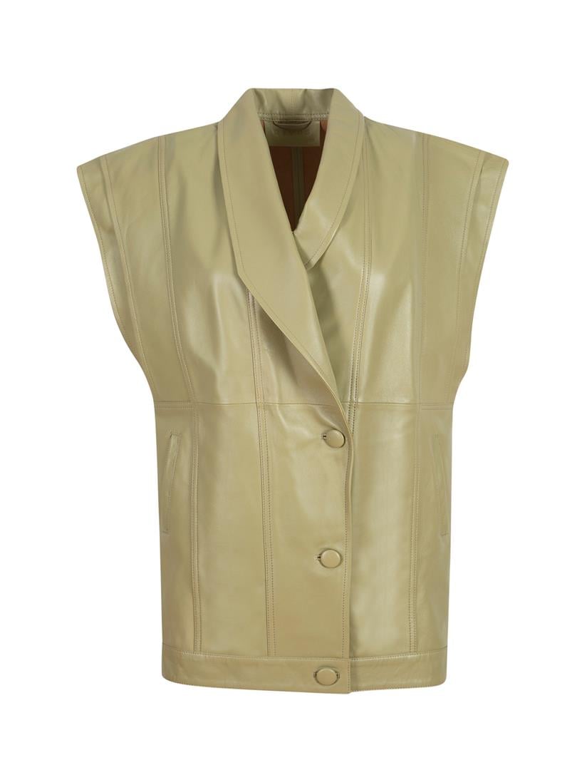Büyük Düğmeli Deri Yelek - Yeşil