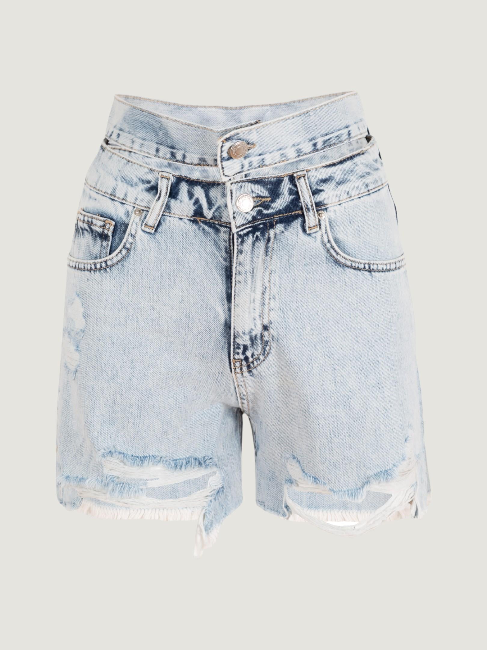 Çift Bel Kemerli Eskitmeli Jean Şort - Light Indigo Şort Modelleri