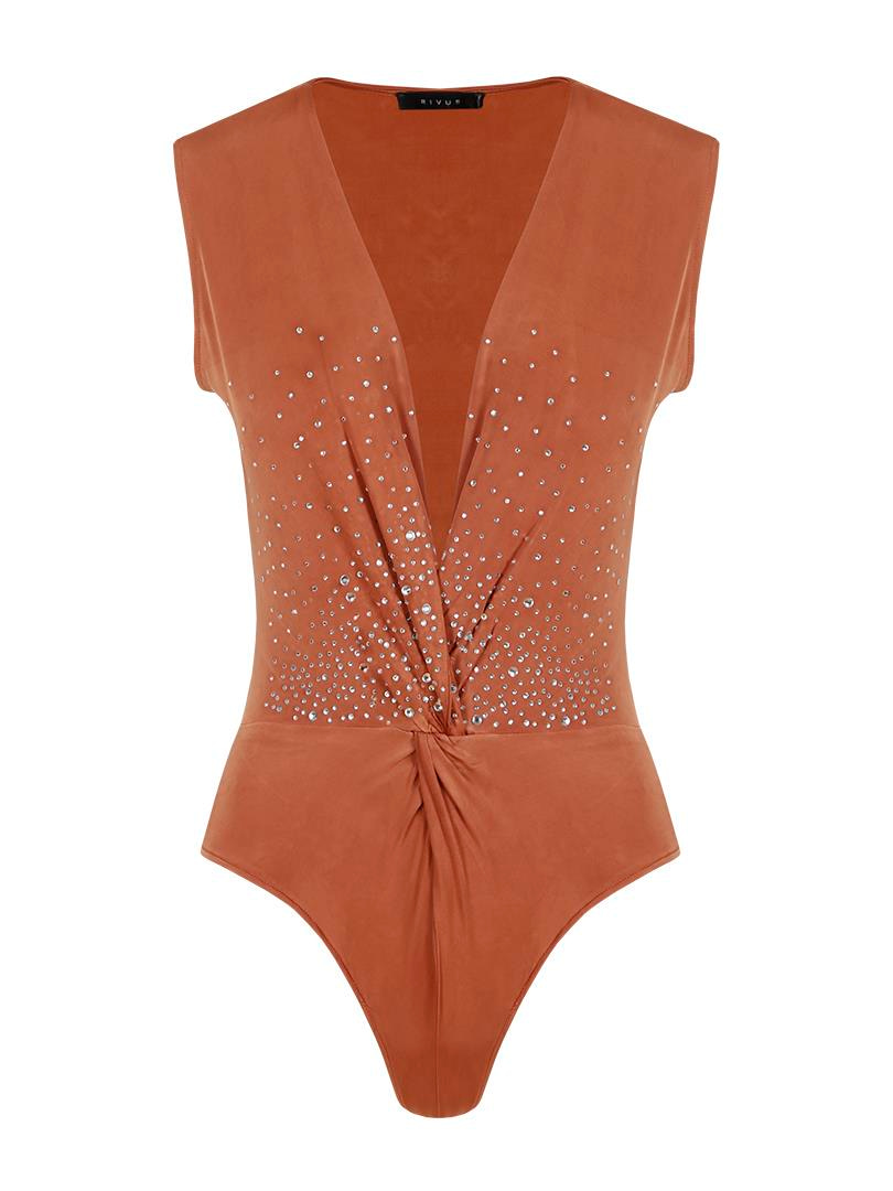 Çıtçıtlı Kolsuz Kristal Taşlı İkonik Body - Taba