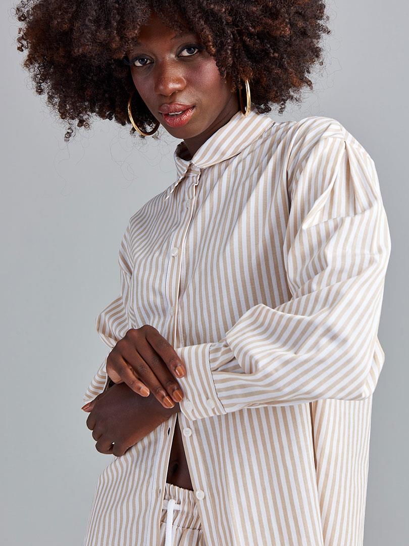 Çizgili Düşük Omuz Oversize Gömlek - Bej Çizgili