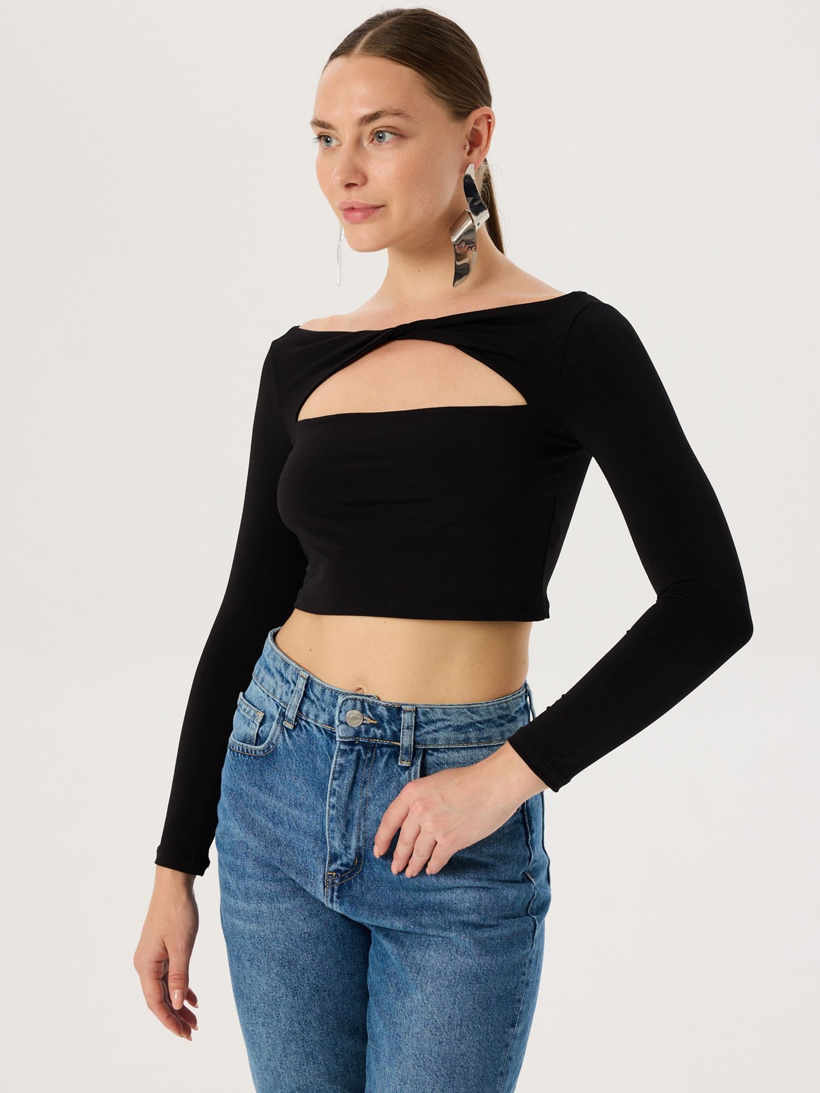 Cut Out Detaylı Uzun Kollu Body - Siyah Body Modelleri
