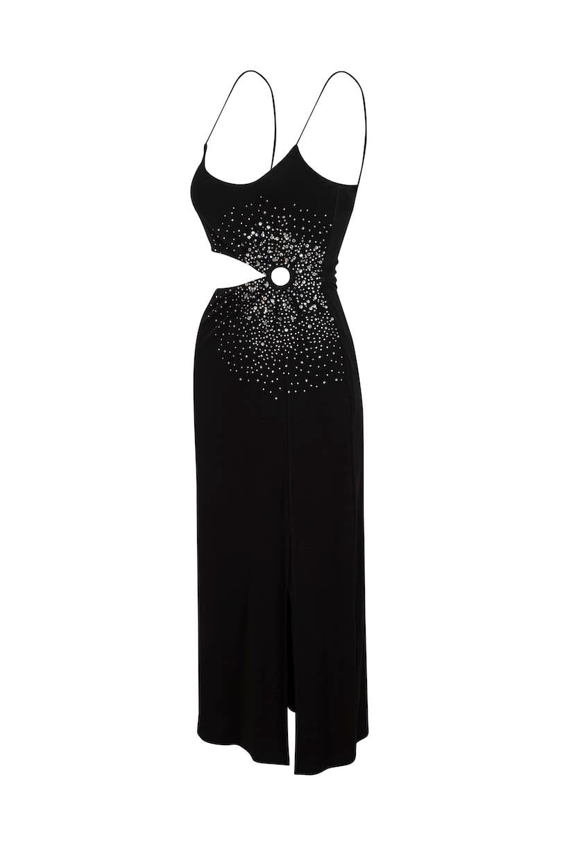 Cut Out Halka Detaylı Askılı Midi Kristal Taşlı Elbise - Siyah