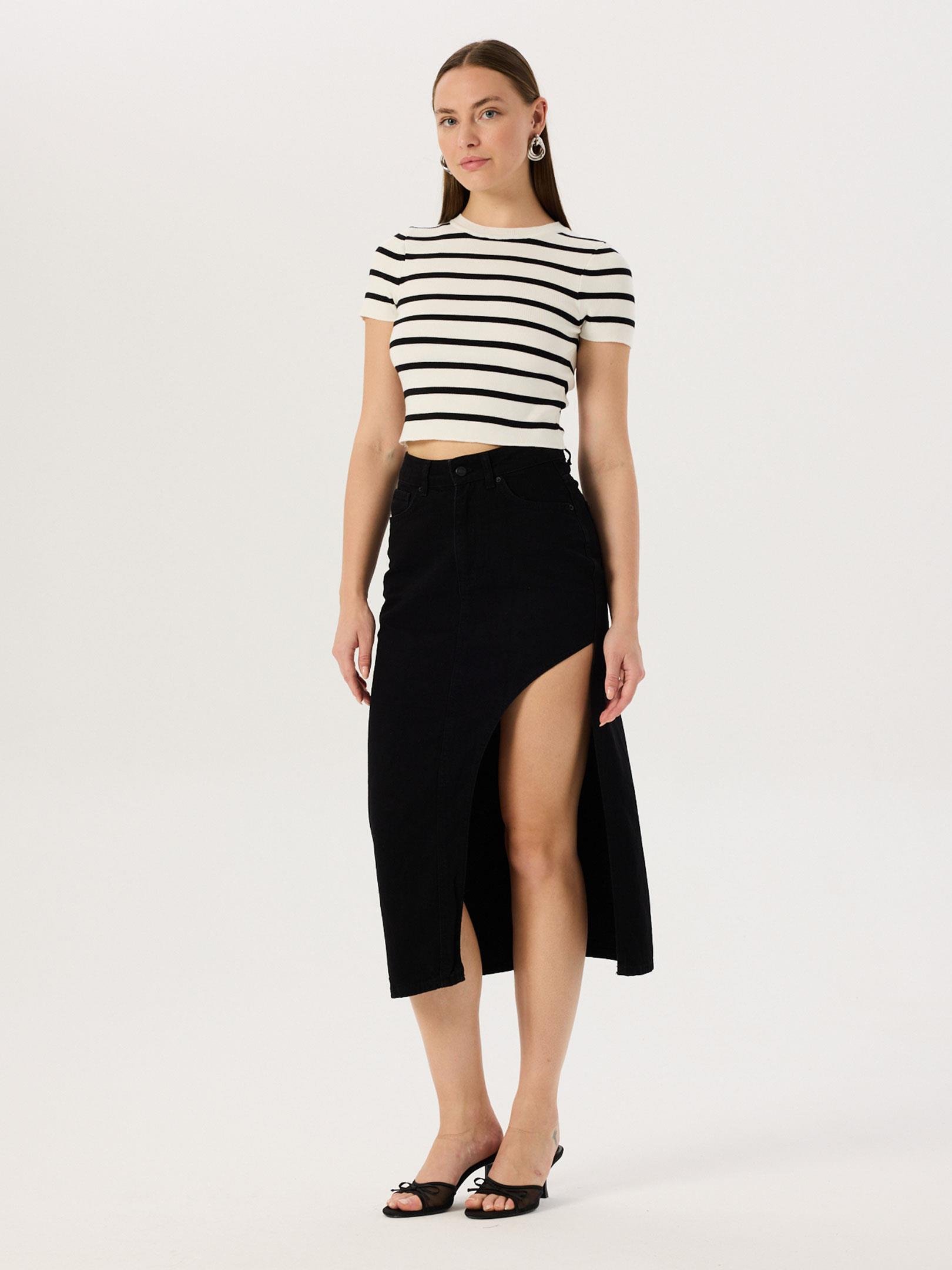 Derin Yırtmaçlı Jean Etek - Siyah Etek Modelleri