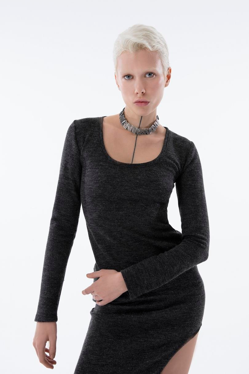 Derin Yırtmaçlı Örme Elbise - Antrasit