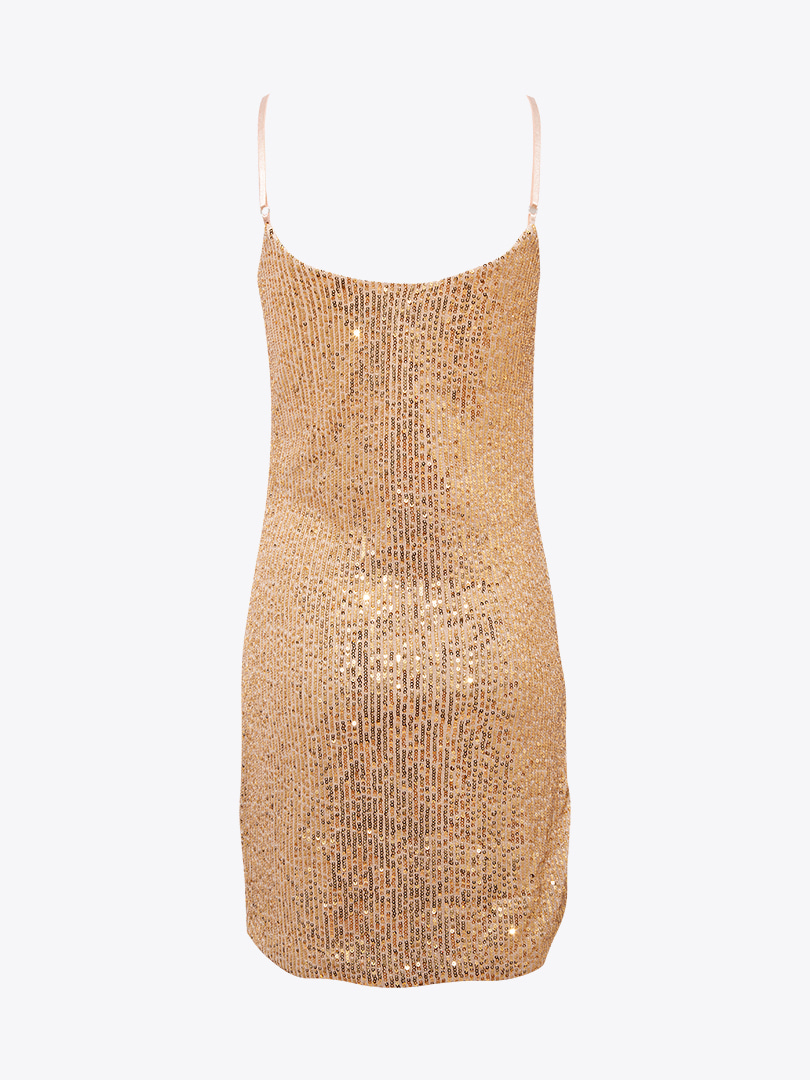 Drape Detaylı Askılı Pullu Mini Elbise - Gold