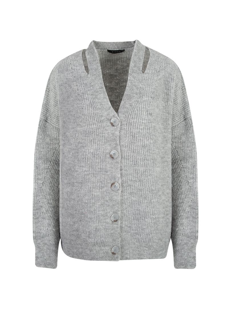 Düğmeli Oversize Cut Out Detaylı Triko Hırka - Gri