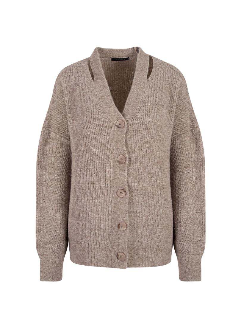 Düğmeli Oversize Cut Out Detaylı Triko Hırka - Bej
