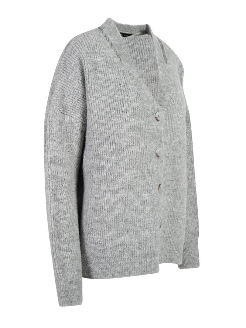 Düğmeli Oversize Cut Out Detaylı Triko Hırka - Gri