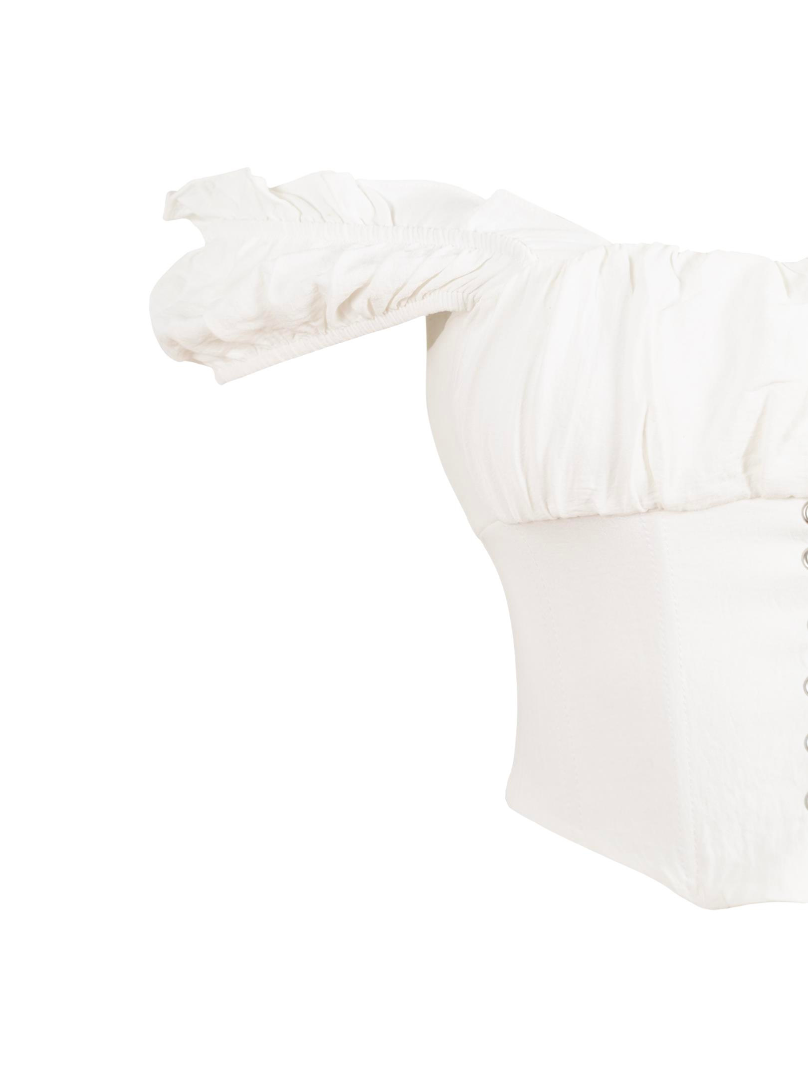 Düşük Kol Detaylı Büzgülü Büstiyer - Beyaz Body & Bluz Modelleri