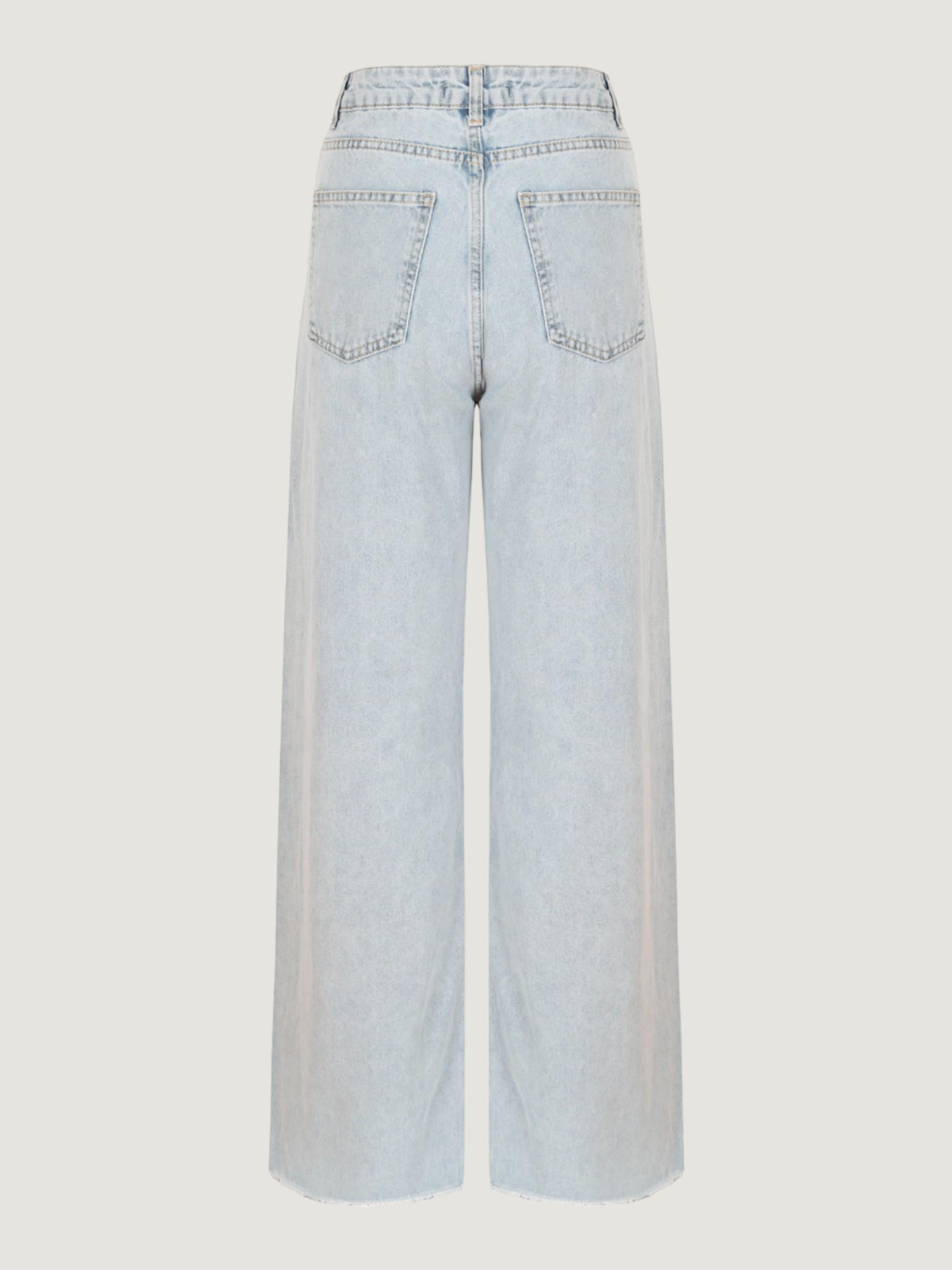 Eskitme Detaylı Bol Paça Jean Pantolon - Mavi Pantolon Modelleri