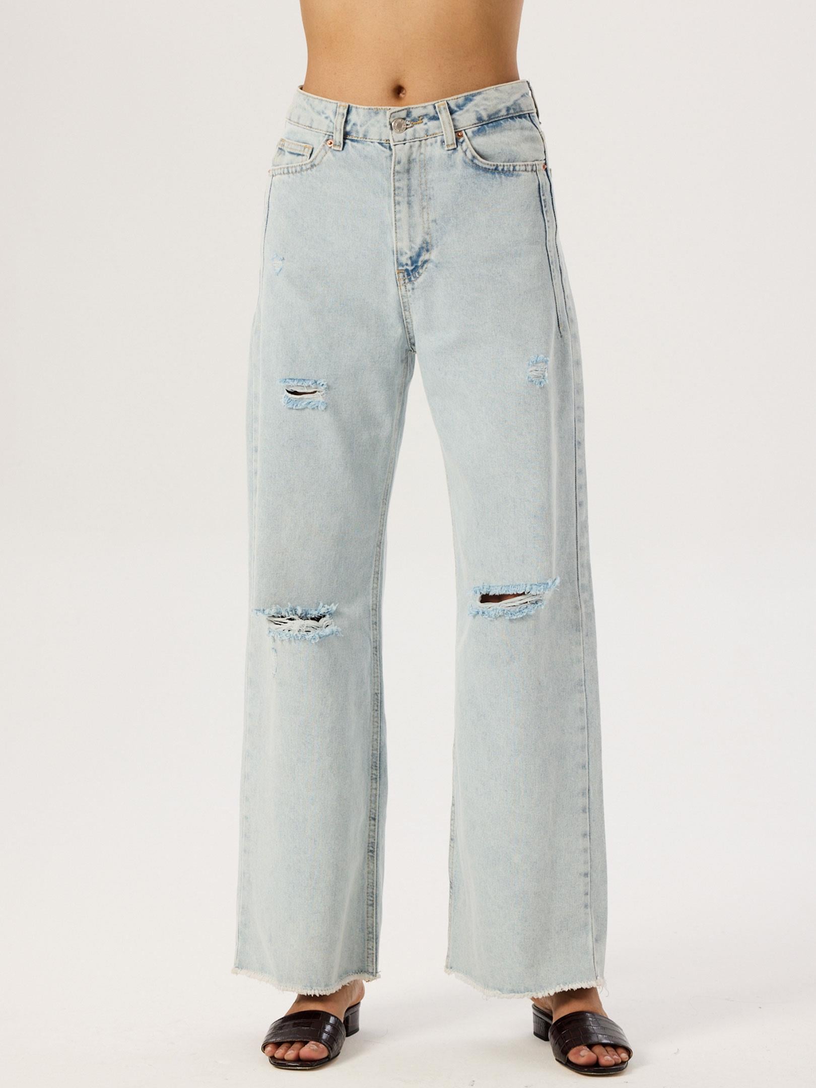 Eskitme Detaylı Bol Paça Jean Pantolon - Mavi Pantolon Modelleri