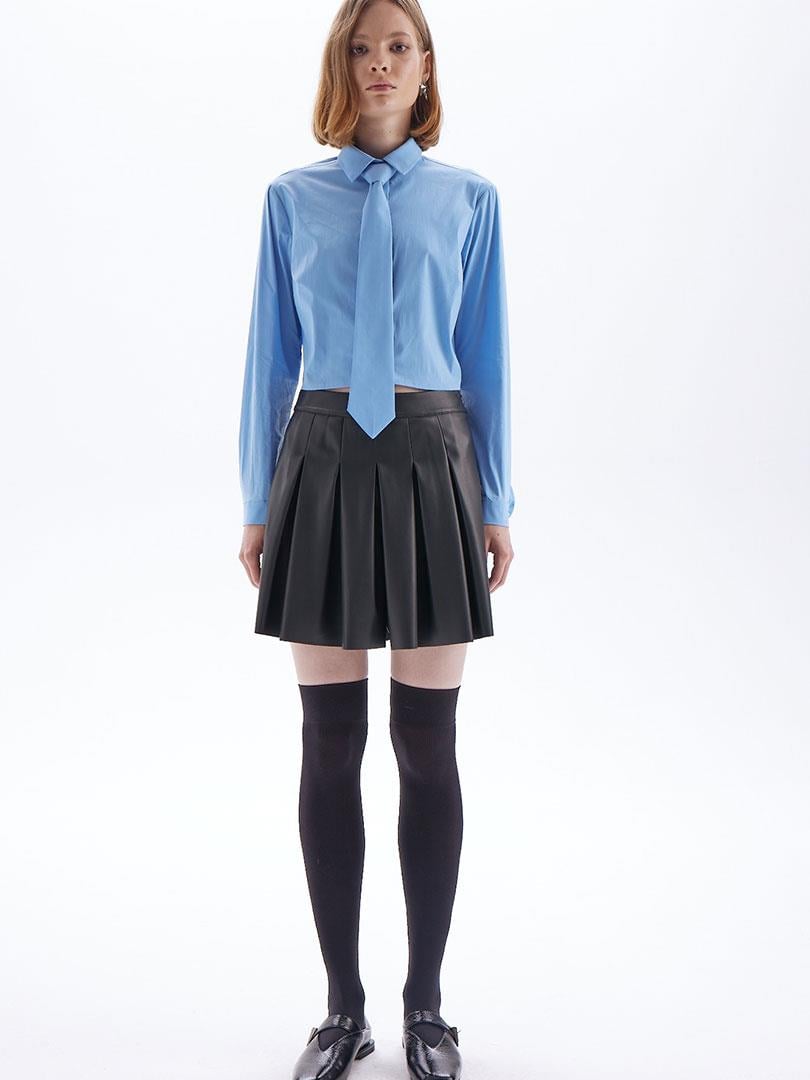 Fermuarlı Pileli Mini Vegan Deri Etek - Siyah Etek Modelleri