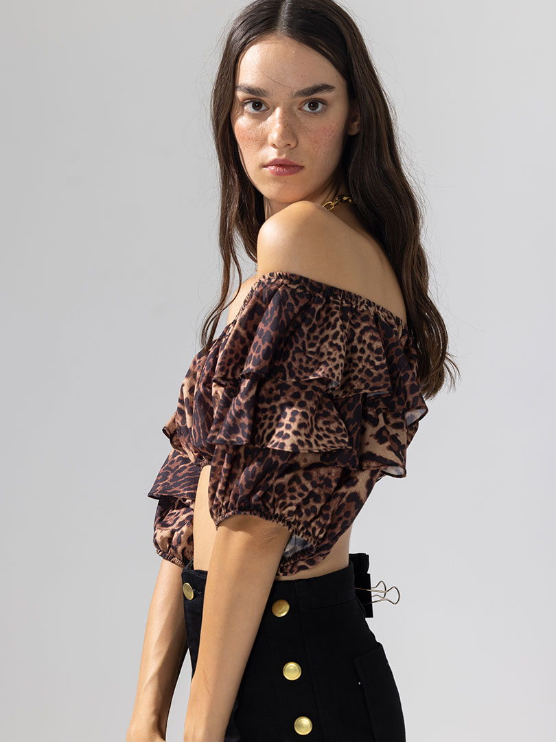 Fırfırlı Lastikli Crop Top - Leopar Desenli