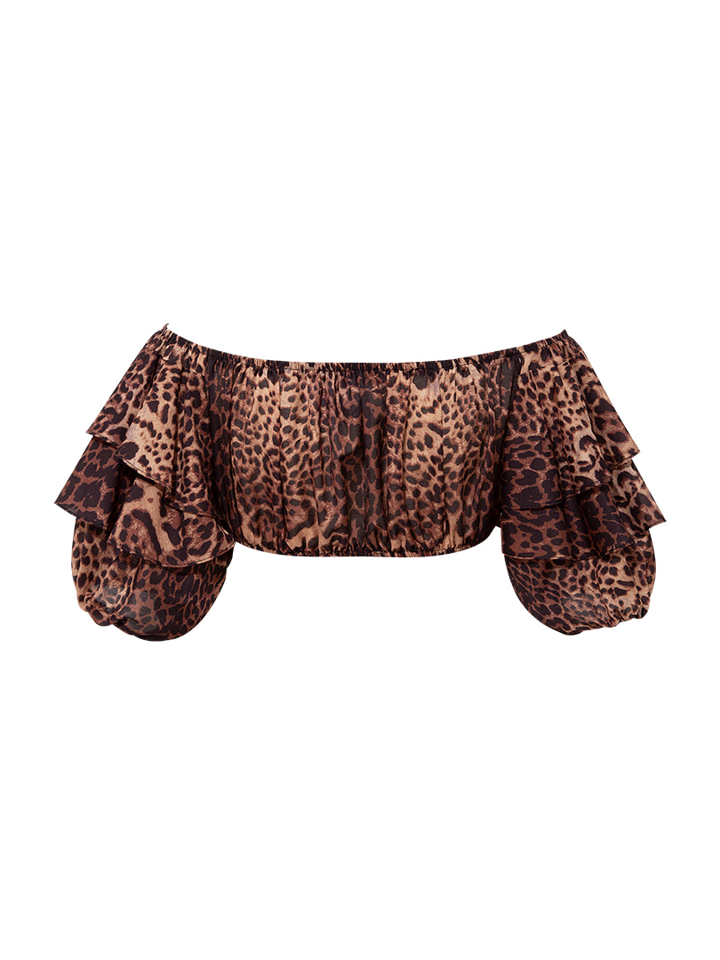 Fırfırlı Lastikli Crop Top - Leopar Desenli