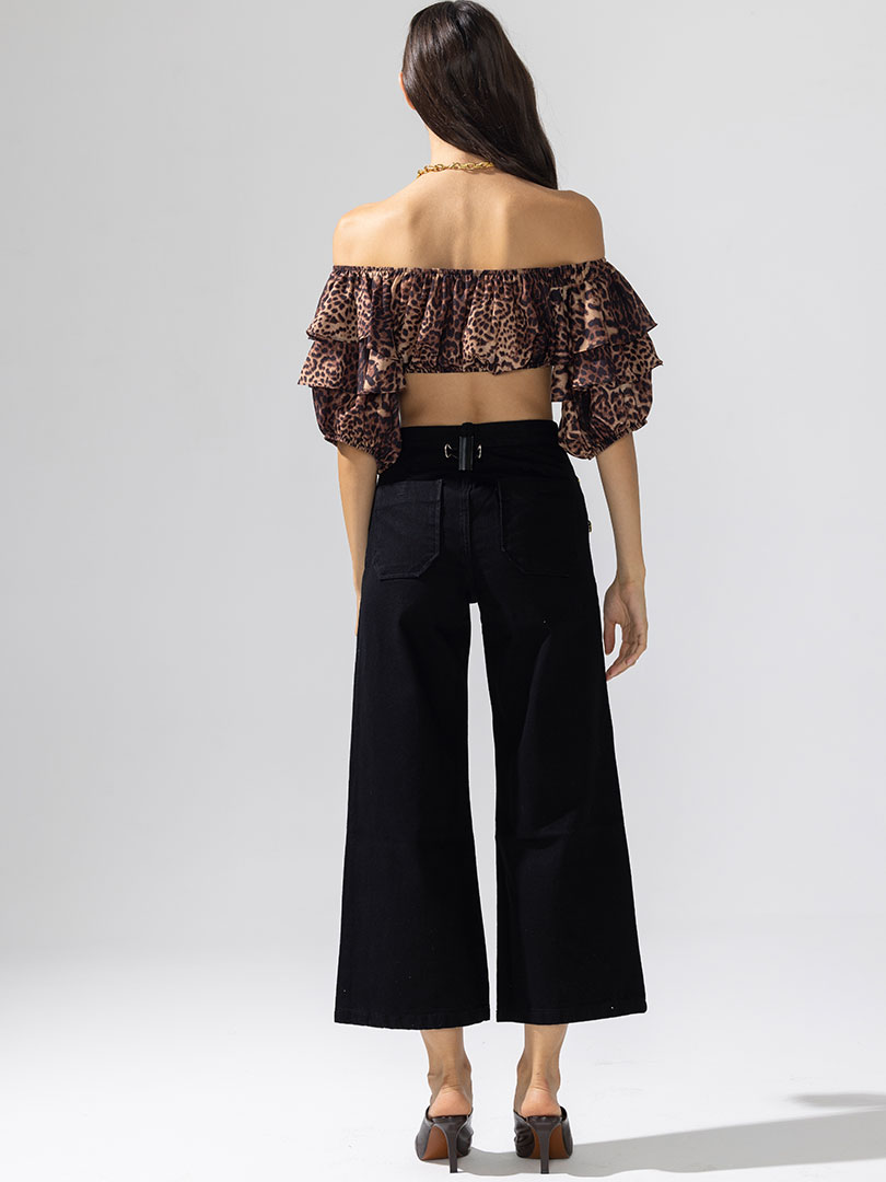 Fırfırlı Lastikli Crop Top - Leopar Desenli