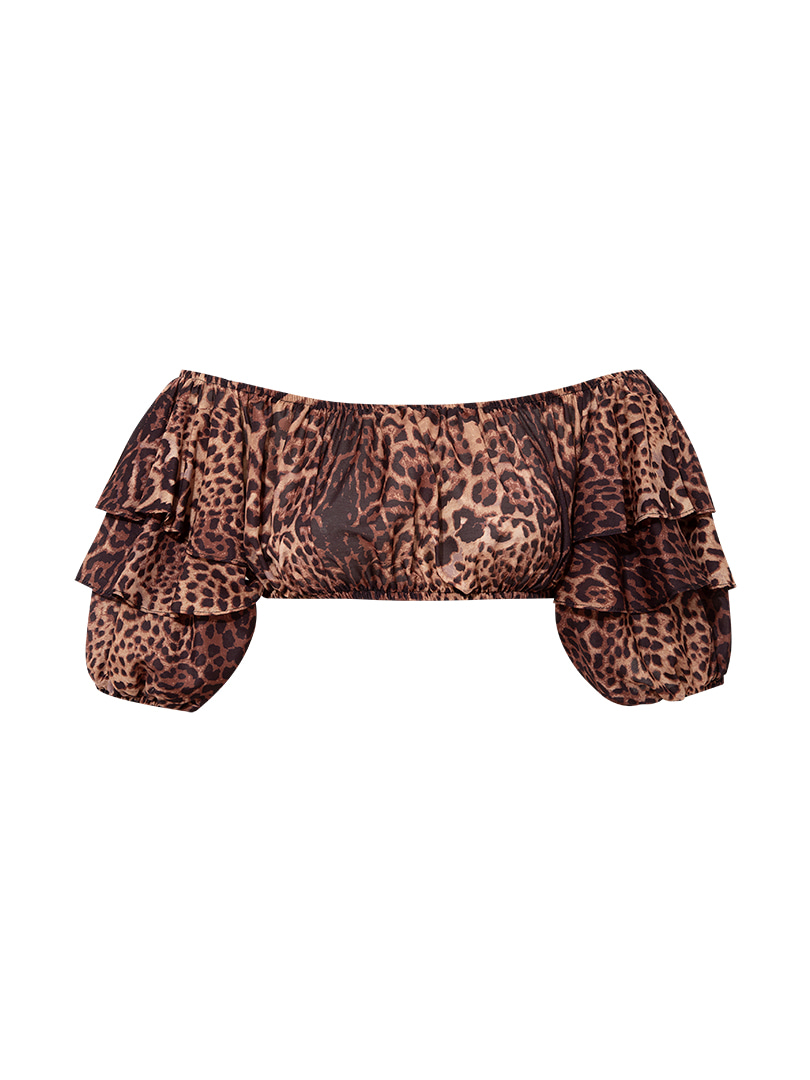 Fırfırlı Lastikli Crop Top - Leopar Desenli