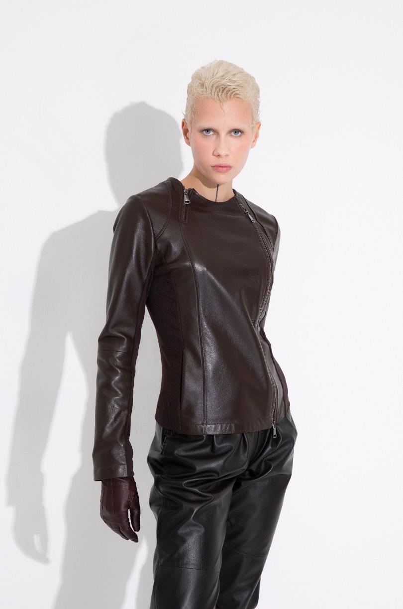 Garni Detaylı Dar Kesim Deri Ceket - Kahve