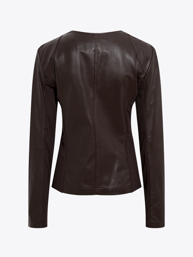 Garni Detaylı Dar Kesim Deri Ceket - Kahve