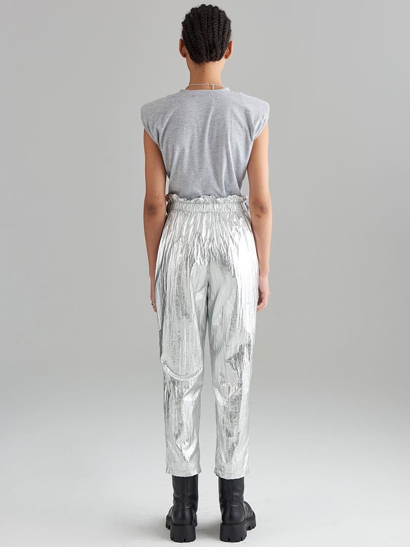 Glitter Paraşüt Kumaş Fermuar Detaylı Pantolon - Silver