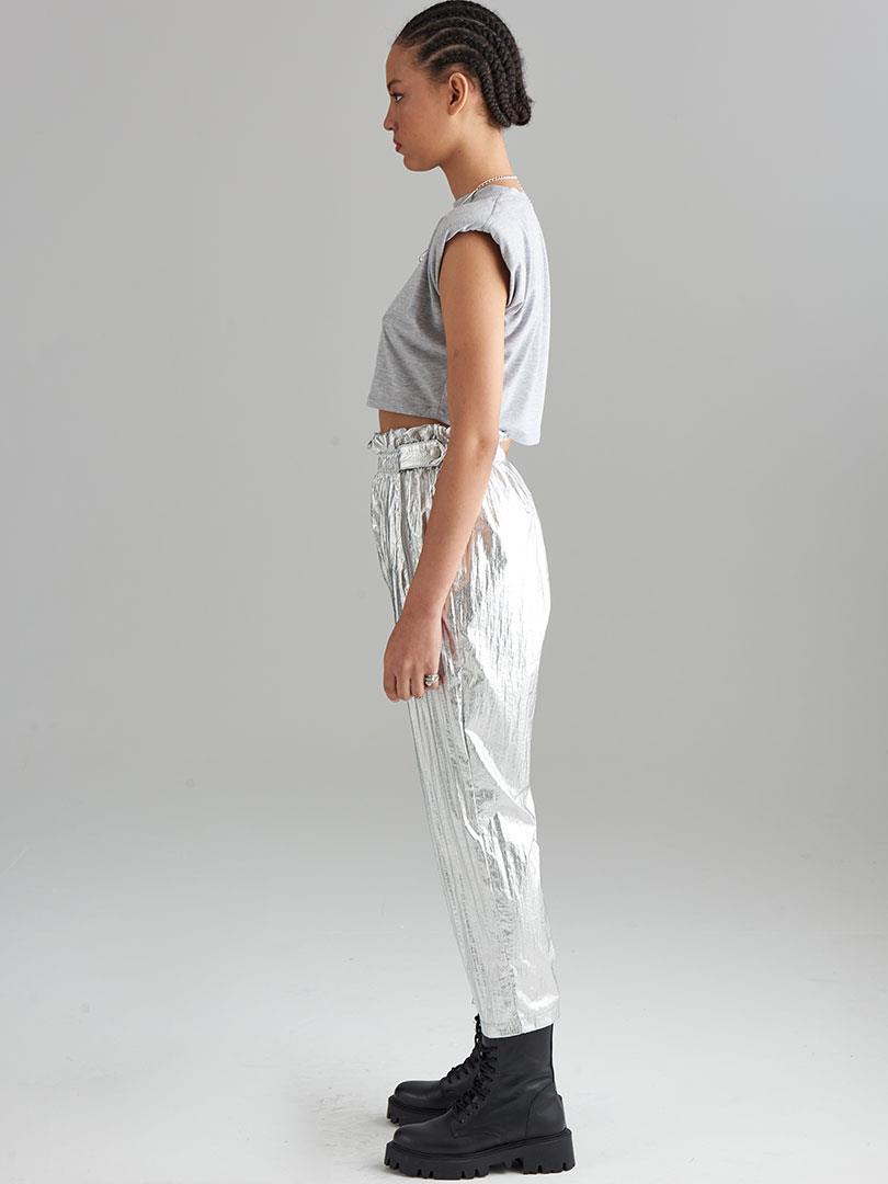 Glitter Paraşüt Kumaş Fermuar Detaylı Pantolon - Silver