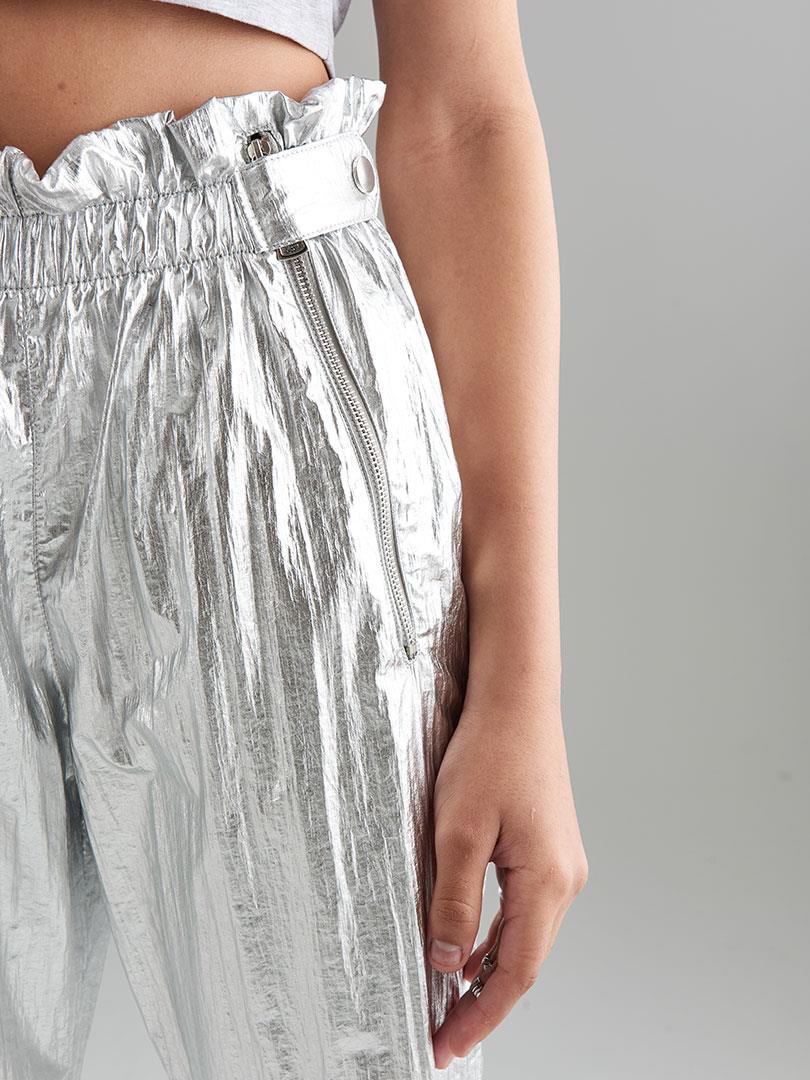 Glitter Paraşüt Kumaş Fermuar Detaylı Pantolon - Silver