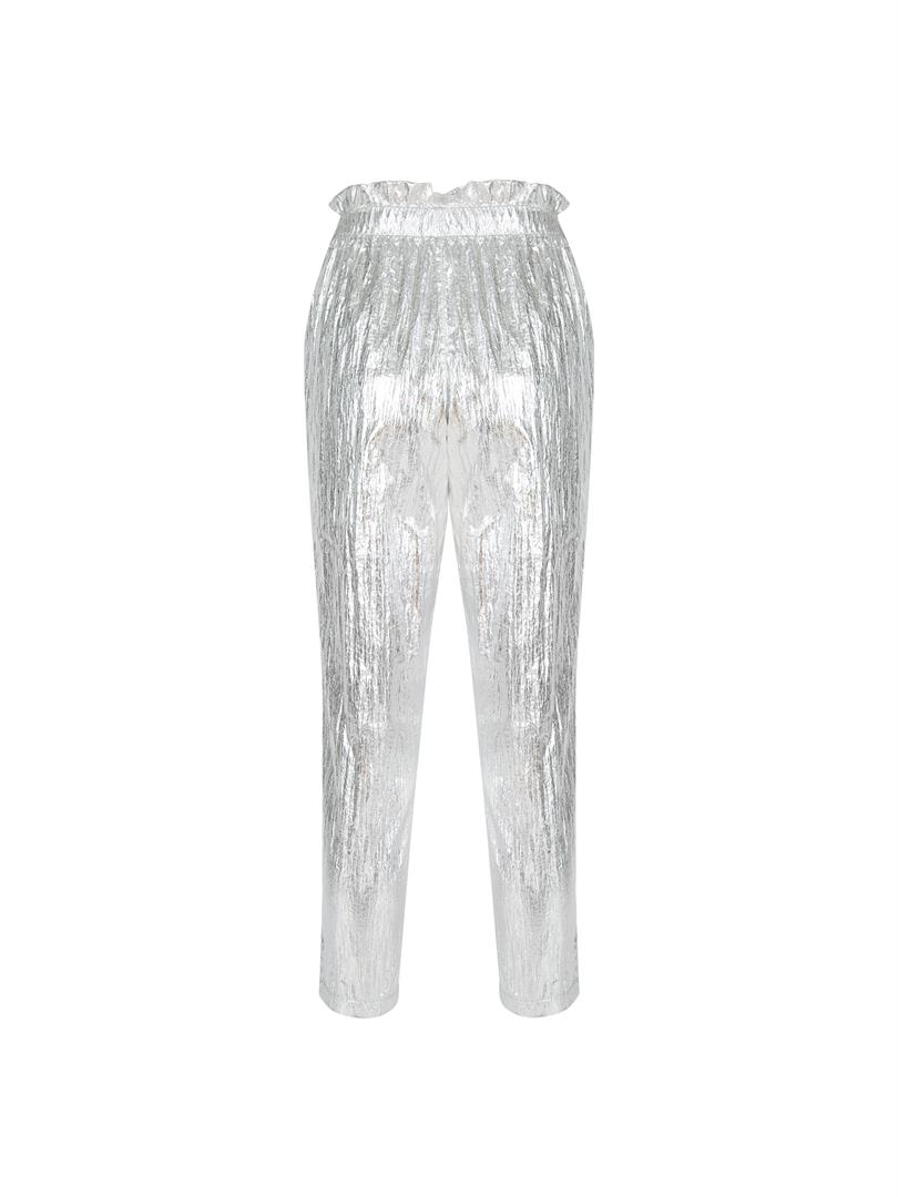 Glitter Paraşüt Kumaş Fermuar Detaylı Pantolon - Silver