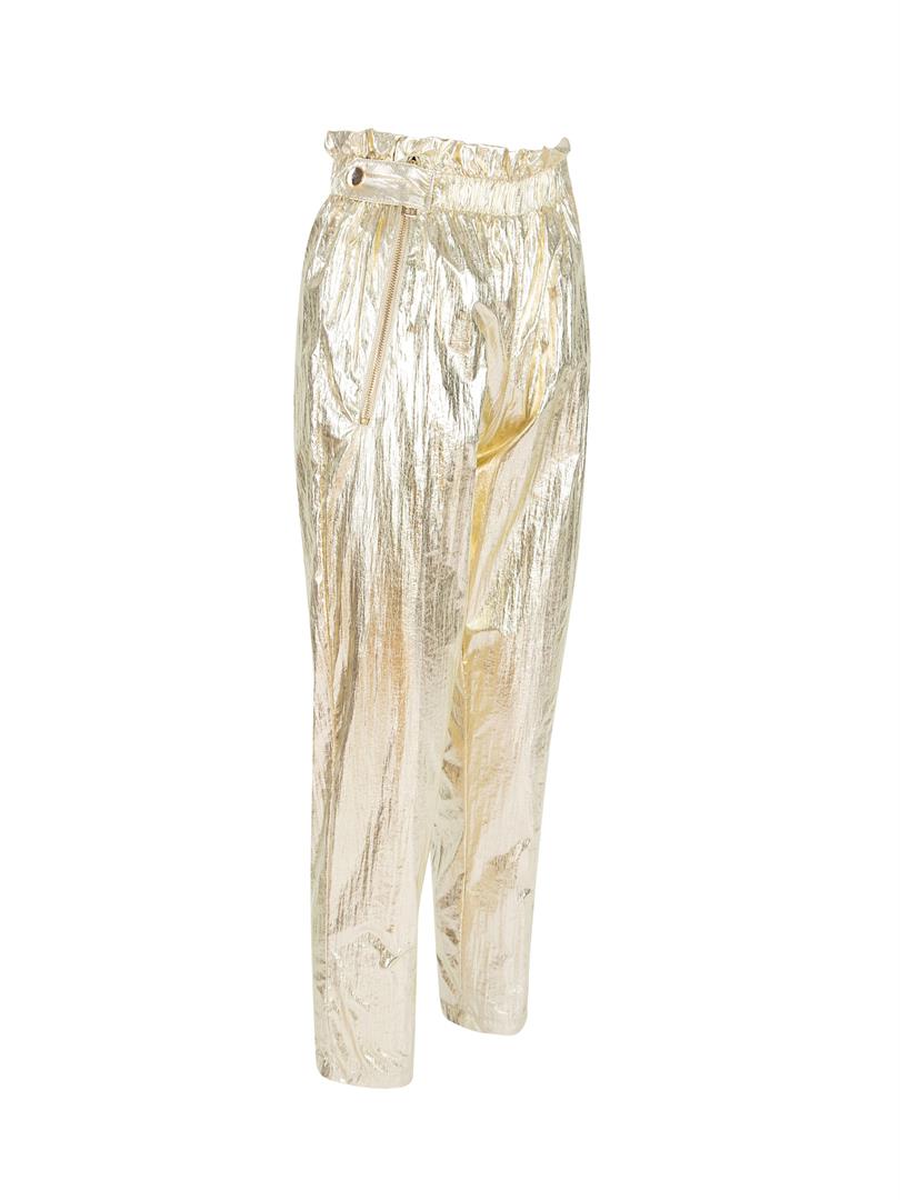 Glitter Paraşüt Kumaş Fermuar Detaylı Pantolon - Gold